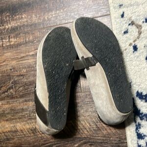 OTBT low wedge cross strap beige and brown shoe.